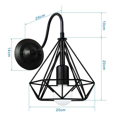 Black metal wall sconce with diamond-shaped iron cage guard and curved arm for vintage copper decorbites bedroom light