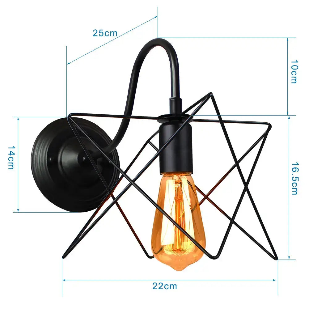 Black metal star-shaped wall sconce with exposed filament bulb featuring decorbites iron cage guard for bedroom light