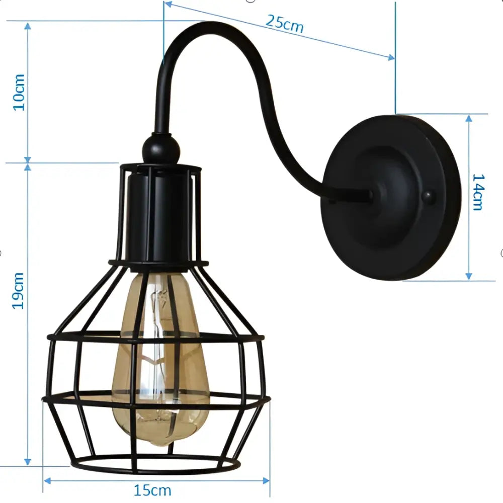 Black wrought iron cage wall sconce with decorbites iron cage guard and amber glass bulb for vintage bedroom light
