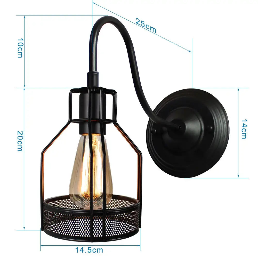 Black wrought iron wall sconce with perforated decorbites iron cage guard housing exposed edison bulb for bedroom light