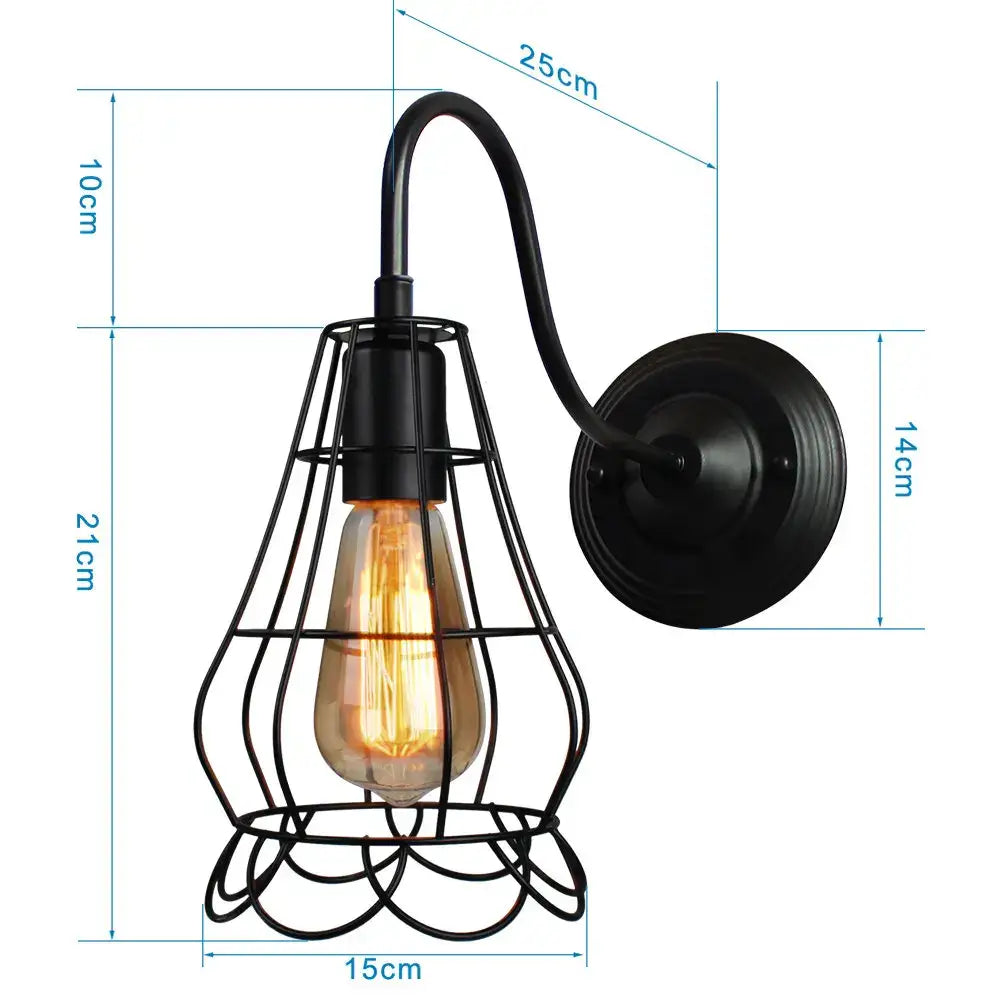 Black wrought iron decorbites iron cage wall sconce with iron cage guard and exposed filament bulb for bedroom lighting