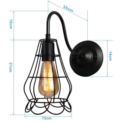 Black wrought iron decorbites iron cage wall sconce with iron cage guard and exposed filament bulb for bedroom lighting