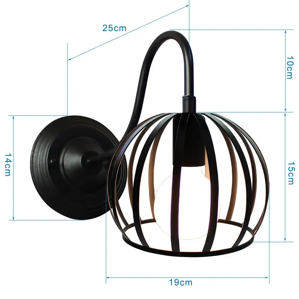 Black wrought iron cage wall sconce with curved arm and circular base vintage copper decorbites iron cage guard