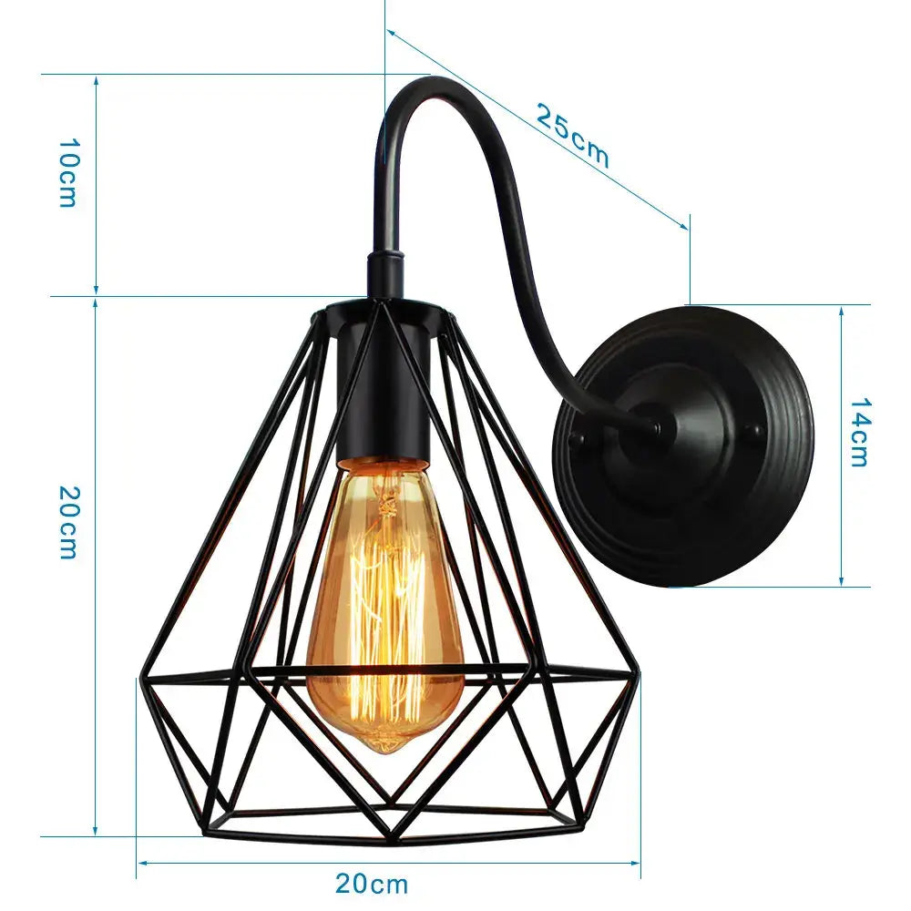 Black metal geometric wall sconce with decorbites iron cage guard and exposed edison bulb for vintage bedroom light