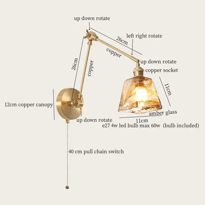 Adjustable copper wall sconce with amber glass shade and pull chain for bedroom decorbites copper vintage design