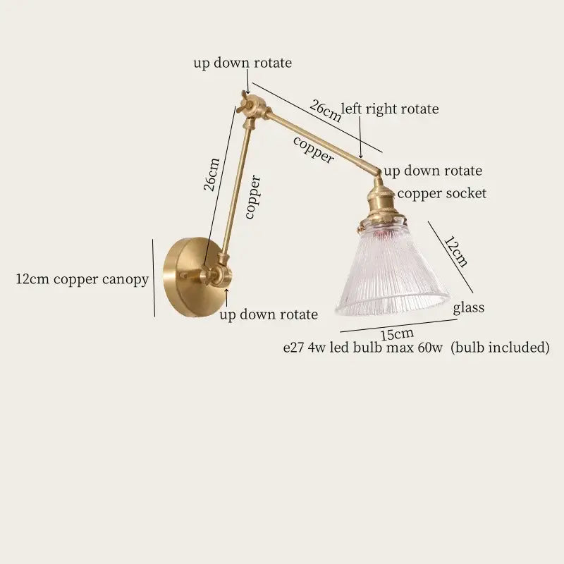 Adjustable vintage copper wall sconce with textured glass shade and pull chain by decorbites for bedroom lighting decor
