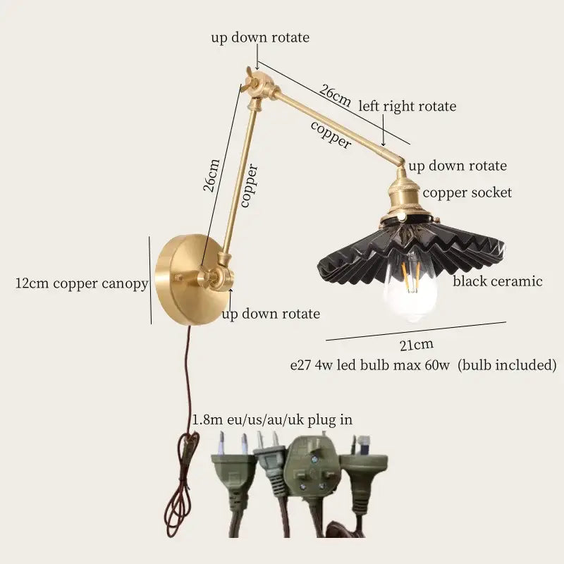 Adjustable copper wall sconce with black ceramic shade pull chain and led bulb vintage decorbites copper wall sconce