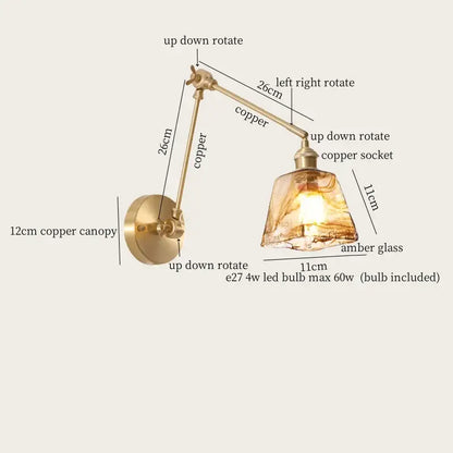 Adjustable vintage copper wall sconce with pull chain and warm amber glass shade for bedroom decorbites copper vintage