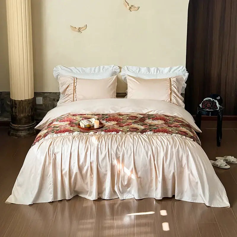 Cream satin ruffled bed skirt with floral throw blanket in vintage cream and gold decorbites 100s cotton bedding set