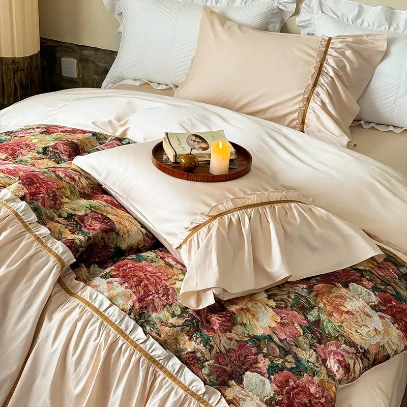 Cream-colored satin pillowcases with delicate gold trim and ruffled edges from decorbites 100s cotton vintage bedding set