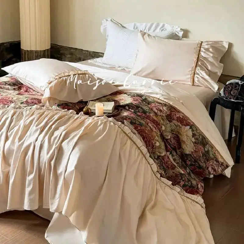 Vintage cream and gold bedding set featuring a ruffled 100s cotton vintage bedspread with floral panel and satin trim