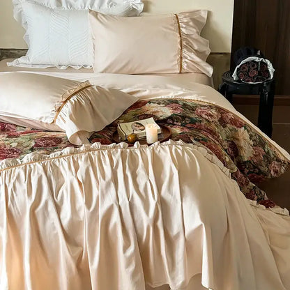 Cream-colored satin ruffled bed skirt with gold trim from decorbites 100s cotton vintage bedding set for elegant decor