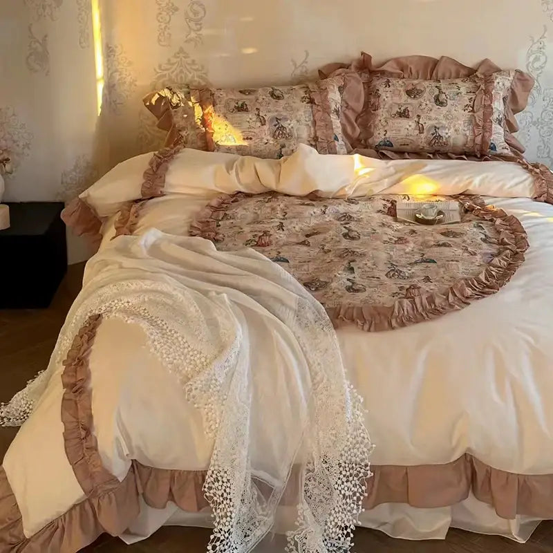 Cream-colored bedding set with delicate french print lace ruffles and vintage-inspired pattern in soft beige tones
