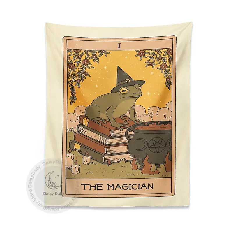 Cream-colored vintage tapestry featuring frog magic tarot illustration with green frog and witch hat for bedroom decorbites decor