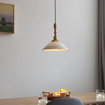 Vintage cream glass and brass adjustable led pendant light with ceramic shade and wooden finial for dining room decorbites adjustable led pendant