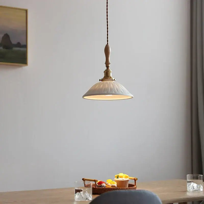 Vintage cream glass and brass adjustable led pendant light with ceramic shade and wooden finial for dining room decorbites adjustable led pendant