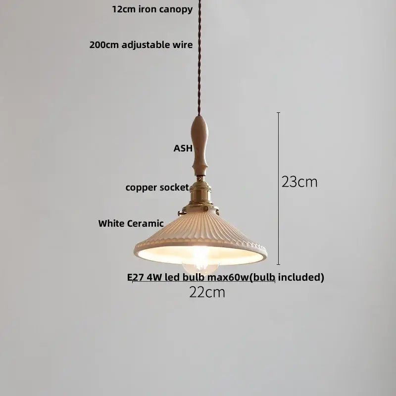 Vintage cream glass and brass adjustable led pendant light with white ceramic fluted shade and wooden iron canopy
