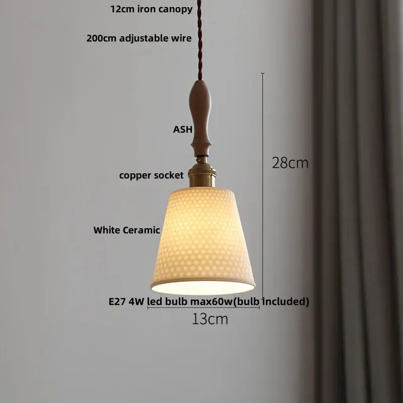Warm white ceramic pendant lights with textured surface and ash wood iron canopy for decorbites adjustable led pendant
