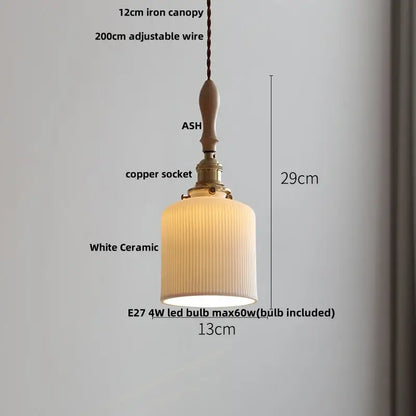 Vintage cream glass and brass adjustable led pendant light with vertical ridges and ash wood canopy for dining room decorbites pendant lights