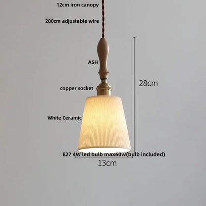 A warm-toned vintage cream adjustable led pendant light with ash wood handle iron canopy and white ceramic shade for dining room decorbites pendant lights