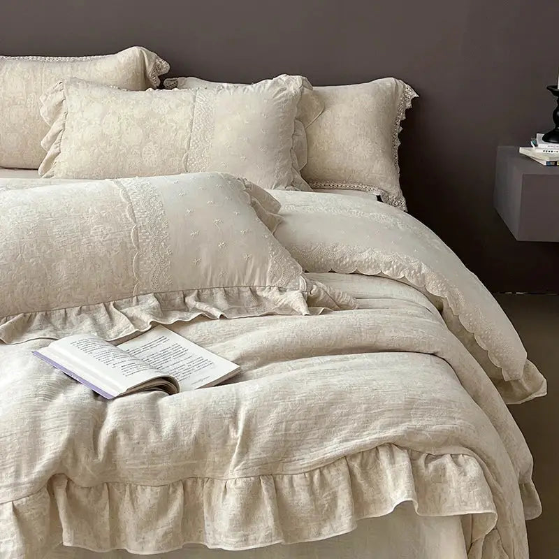 Cream-colored linen bedding set featuring delicate jacquard lace ruffles and ruffled edges for a vintage bedroom