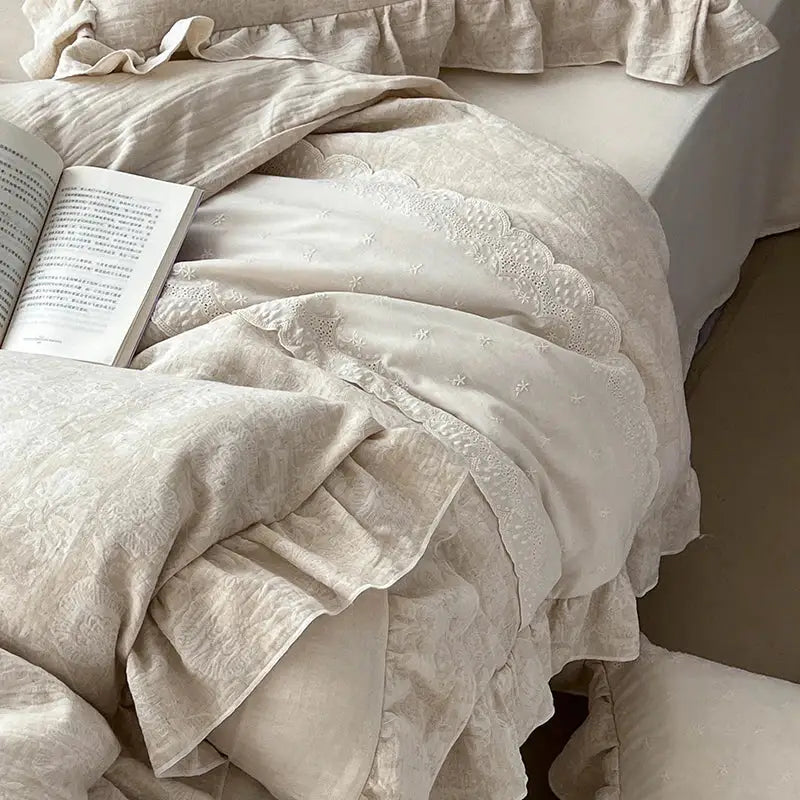 Vintage cream linen bedding set featuring jacquard lace ruffles with delicate lace trim and ruffled edges