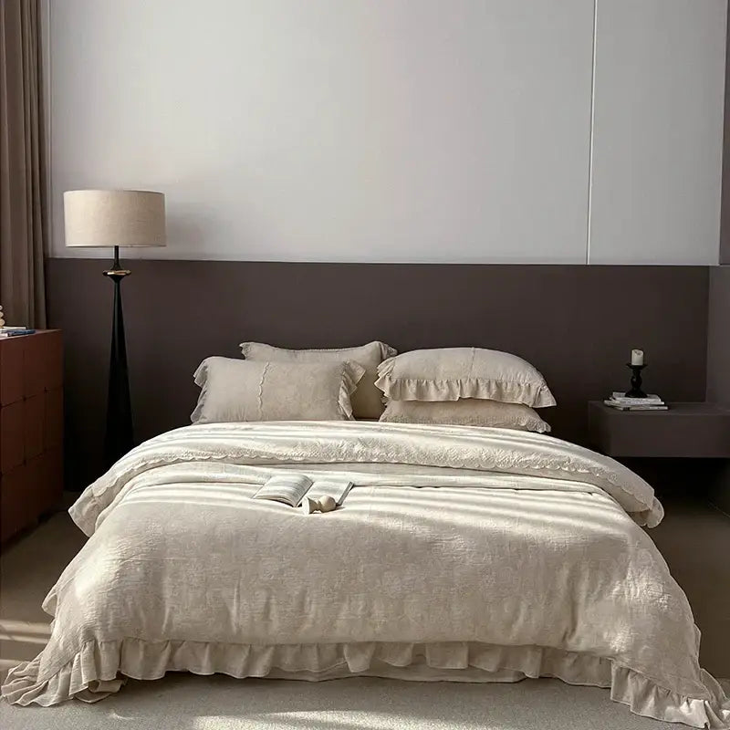 Cream-colored linen bedding set with subtle striped texture and jacquard lace ruffles for vintage bedroom decor