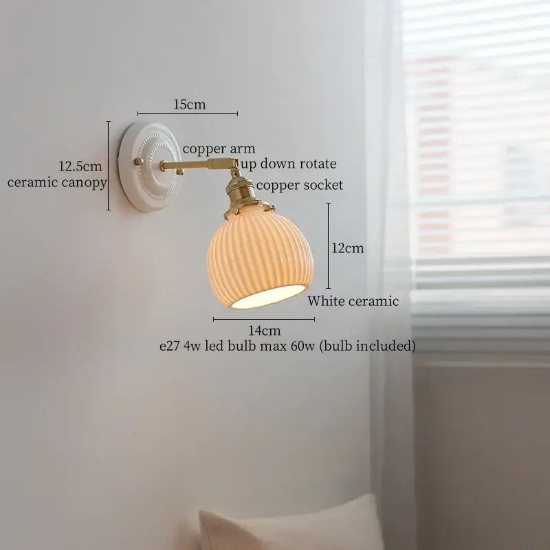 Vintage cream ribbed glass ceramic led wall lamp with white ceramic sconce and brass copper arm for bedroom decorbites ceramic led wall