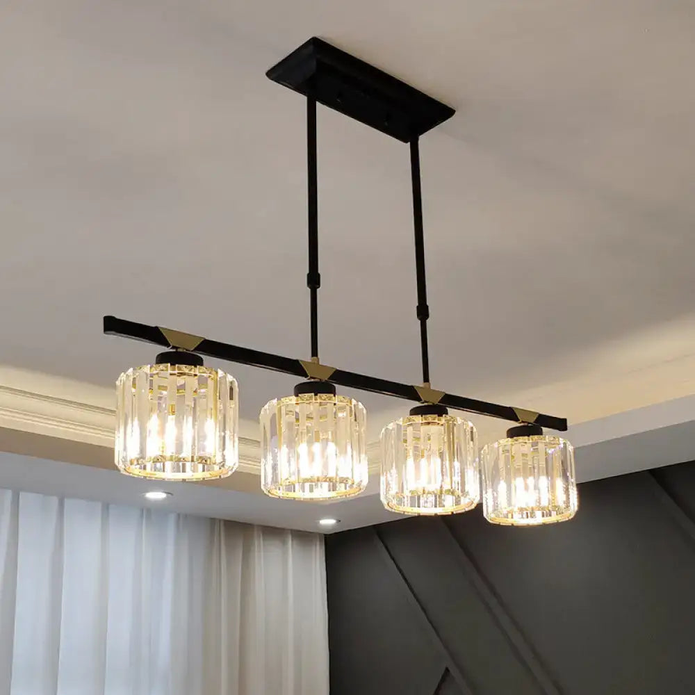 Black metal bar chandelier with four cylindrical crystal shades for dining room compatible with led incandescent fluorescent 220v-240v