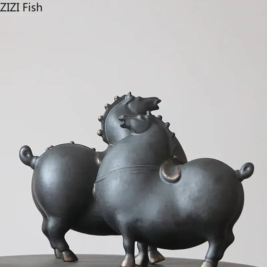 Dark gray horse porcelain statue featuring two stylized rounded ceramic horses with metallic accents for living room decor