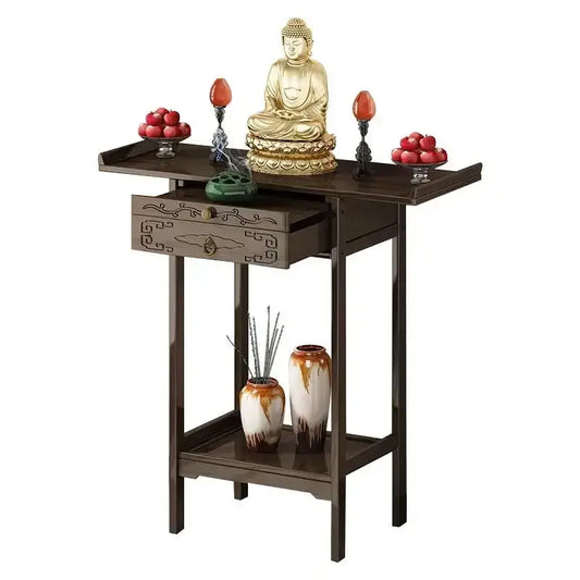 Vintage dark wood bamboo console table with ornate drawer and lower shelf featuring golden buddha statue for living room decorbites bamboo console