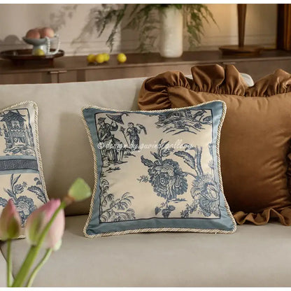 Vintage delft blue toile cushion cover with blue and cream pattern and braided edge for living room decorbites delft blue decor
