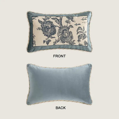 Rectangular cushion cover with ornate black floral embroidery on cream velvet front and soft blue velvet back for decorbites delft blue toile decor