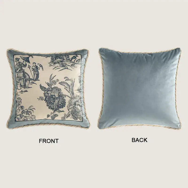 A vintage delft blue toile velvet cushion cover with intricate black cream pattern and rope trim for decorbites decor