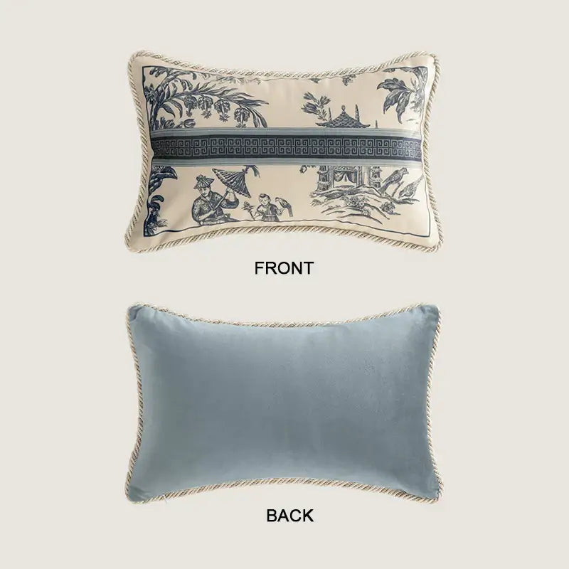 A vintage delft blue toile cushion cover with cream velvet back and decorative rope trim for elegant decorbites decor