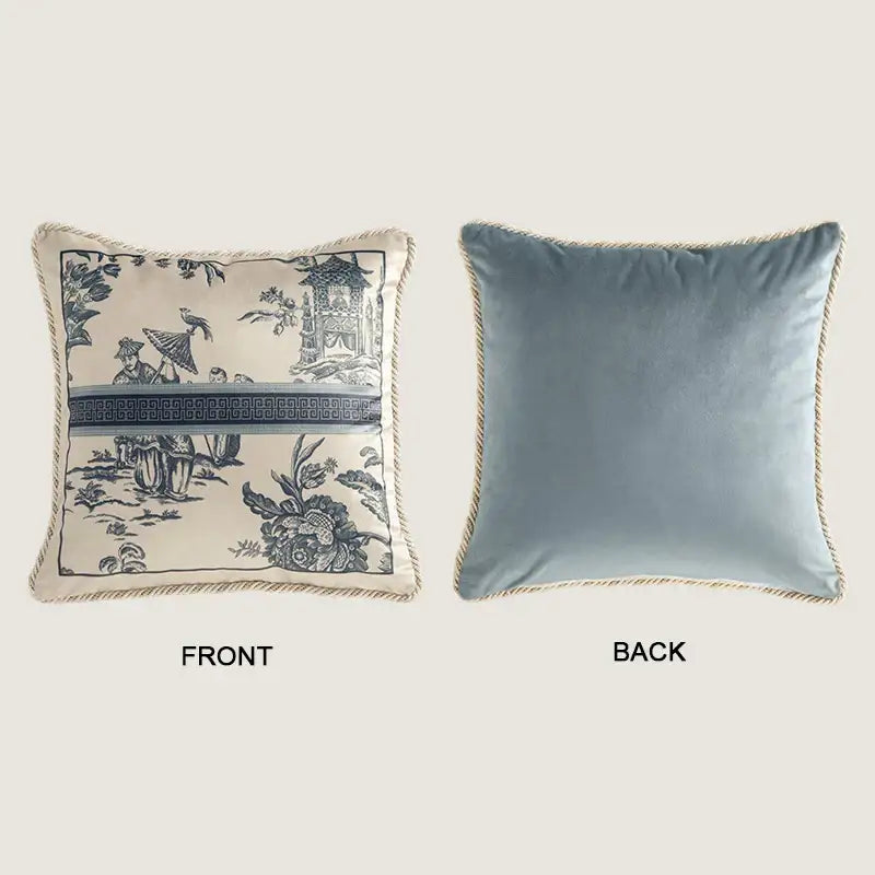 Vintage delft blue toile cushion cover with classic black and white scenes and light blue velvet reverse for living room decor