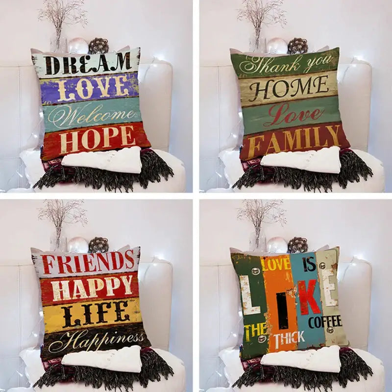 Multi-colored distressed vintage-style 45x45cm peach skin throw pillows with fringed edges and inspirational phrases decorbites 45x45cm peach