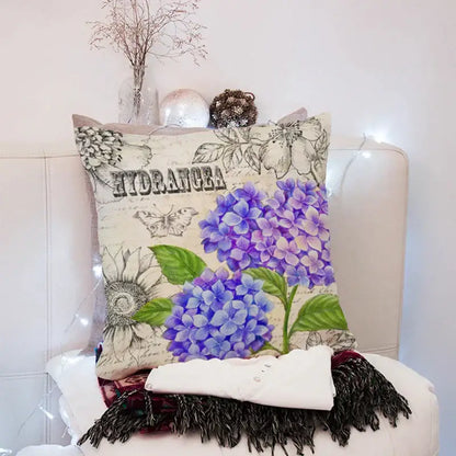 Purple and blue hydrangea 45x45cm peach skin throw pillow with vintage botanical illustrations on cream fabric decorbites 45x45cm peach