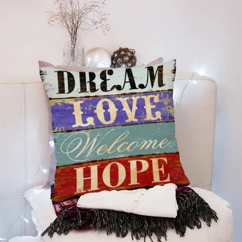 Colorful distressed wooden plank style 45x45cm peach skin throw pillow featuring dream love welcome hope decorbites 45x45cm peach
