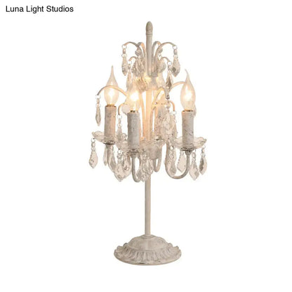 DecorBites vintage metallic distressed white table lamp with hanging crystal droplets and 4 led incandescent bulbs