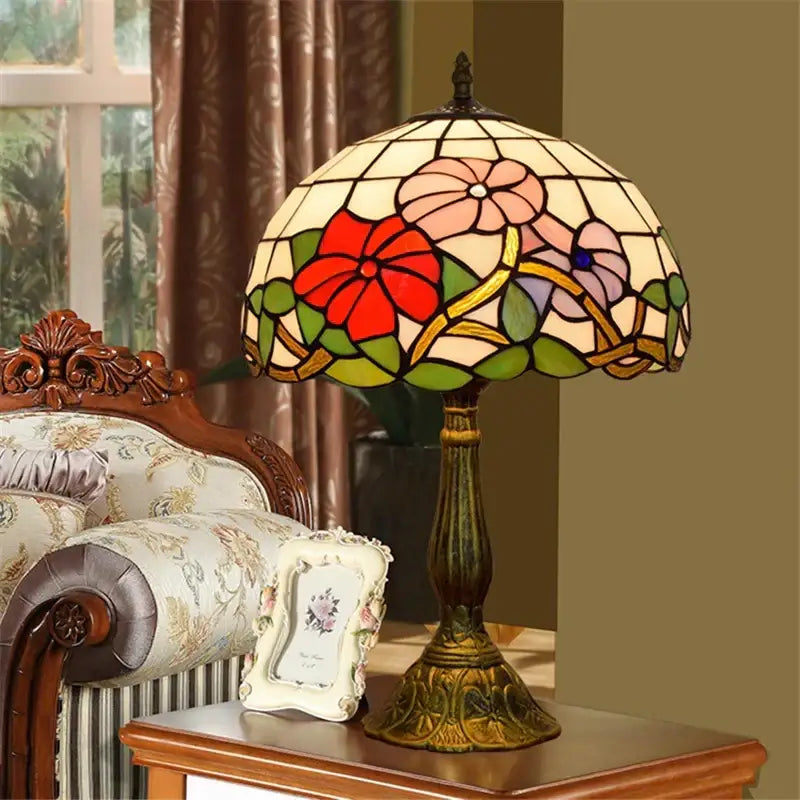 Vintage dragonfly tiffany stained glass table lamp with vibrant red pink green floral stained glass shade for bedroom desk