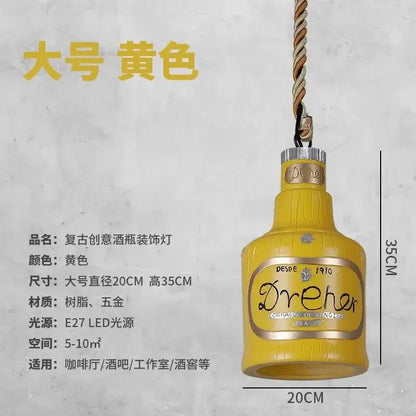 Yellow vintage-style pendant lights made of resin and metal resembling dreher glass bottle for kitchen island decor