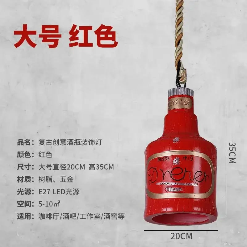 Red vintage-style dreher glass bottle pendant lights with gold accents and embossed branding for kitchen island decor