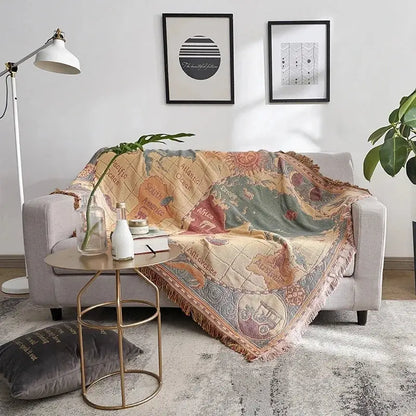 Vintage earth tone world map throw blanket with fringed edges made of bohemian cotton plaid for cotton plaid sofa decorbites