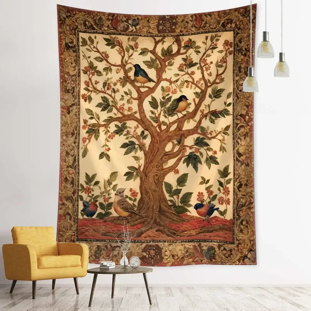 Vintage earthy flying bird tree tapestry in beige brown and green colors for bedroom wall hanging decoration