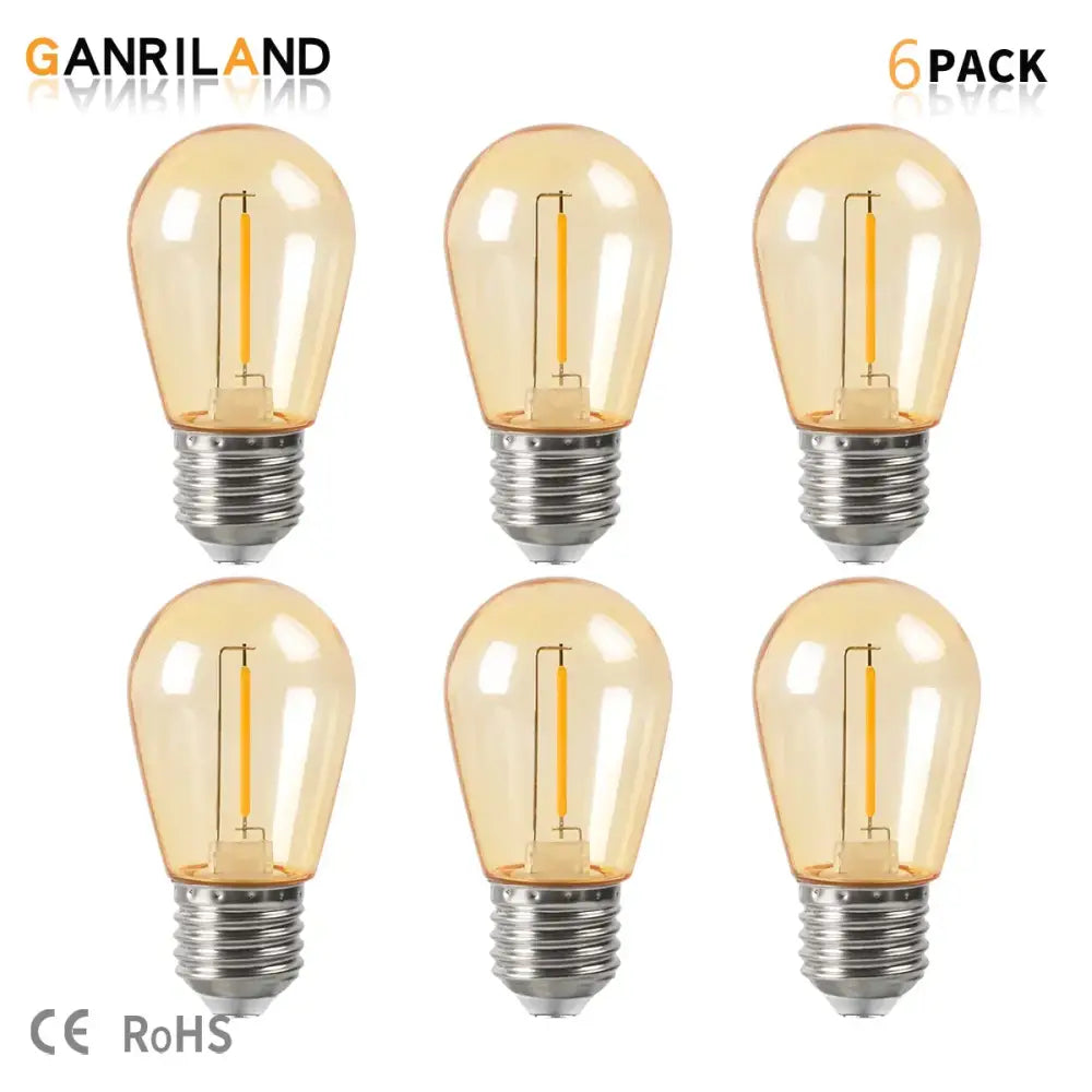 Six-pack of decorbites amber plastic edison-style amber plastic bulbs with metallic screw bases for patio string light