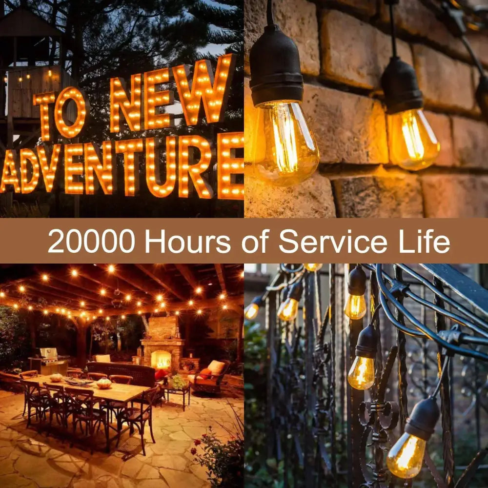 Warm glowing vintage edison decorbites amber plastic bulbs with black metal cap and clear glass enclosure for patio string lights