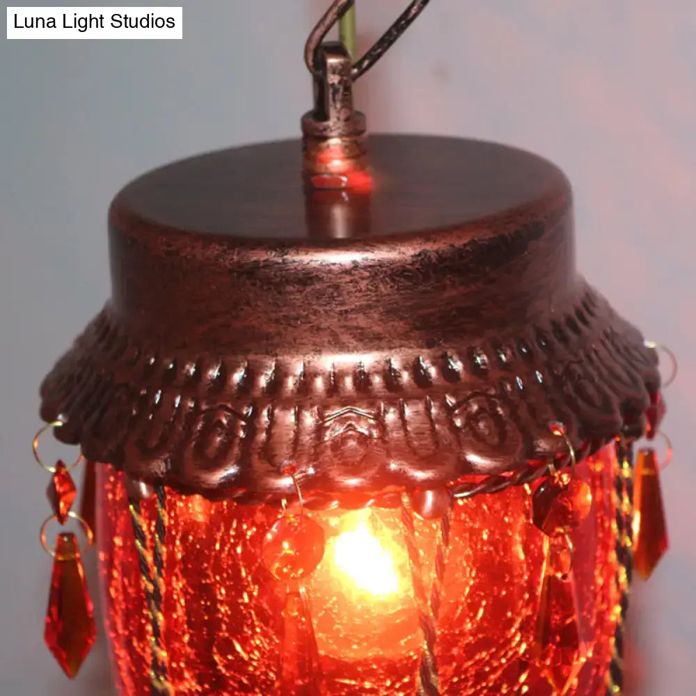 DecorBites™ conical red yellow blue glass pendant light featuring a copper-toned embossed metal jar and amber crystals