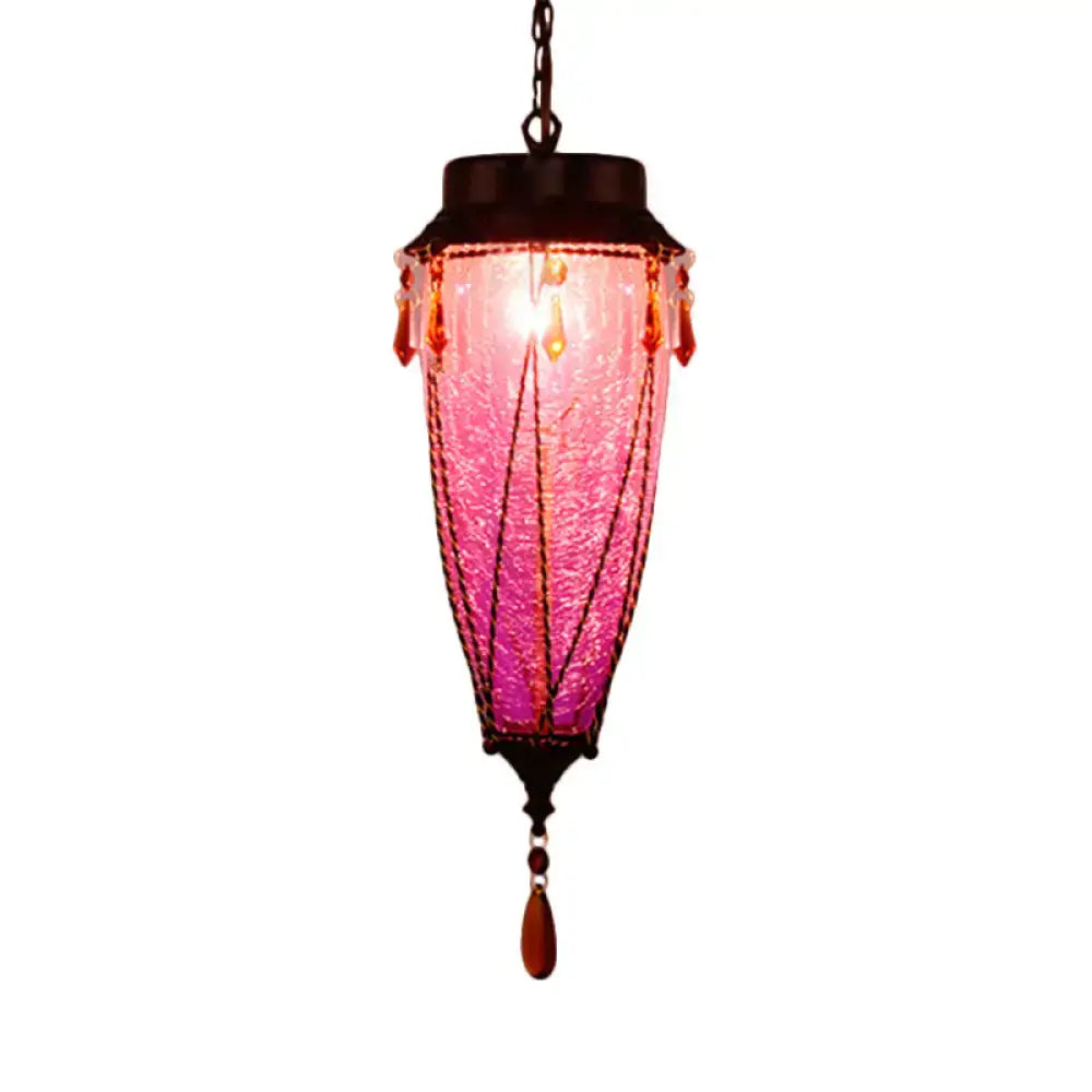 DecorBites™ vibrant pink textured glass pendant light with dark metal frame and amber beads for vintage restaurant lighting