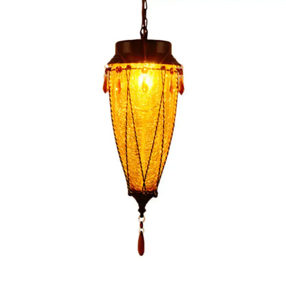 DecorBites warm amber glass pendant light with woven texture and dark metal accents for vintage restaurant lighting